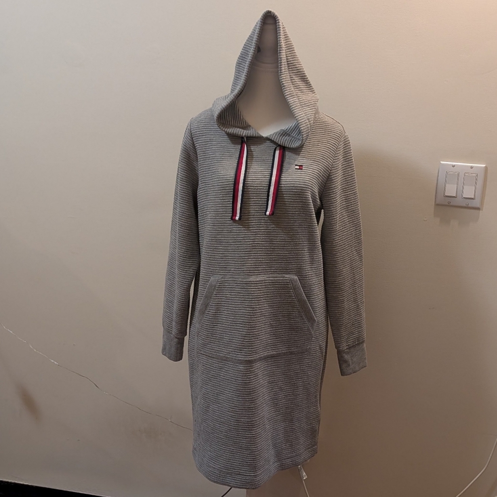 Tommy Hilfiger Light Gray Hooded Ribbed Sweatshirt Dress